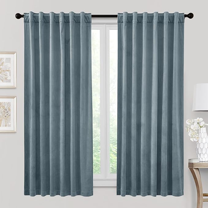 RYB HOME Velvet Curtains 72 inches Length, Back Tab & Rod Pocket Soft Fabric Curtains & Drapes for Bedroom Bathroom Cafe, Stone Blue, W 42 x L 72, 2 Panels Set