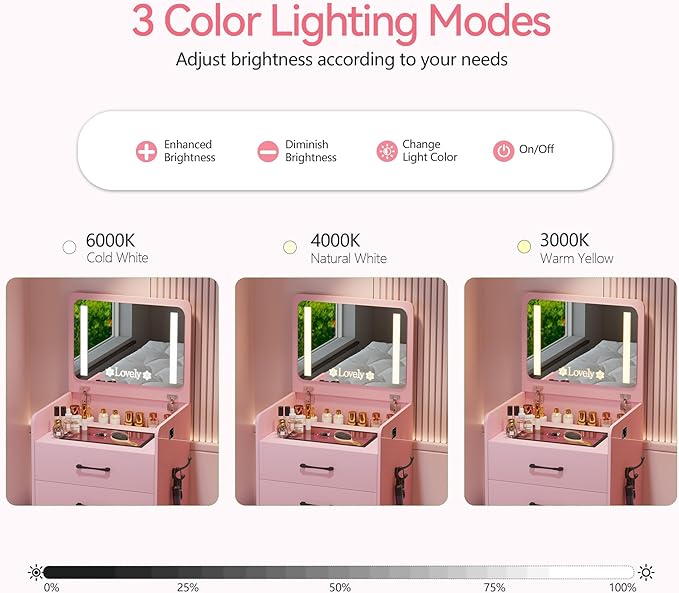 HNEBC 3 in 1 Vanity Desk with Plip Top LED Mirror,Small Dressing Table Set with Visible Glass Desktop,Compact Vanity with 3 Drawers,Storage Compartment and Padded Stool,for Bedroom(Pink)