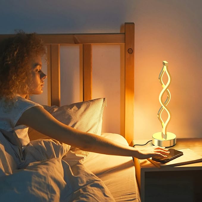 NUÜR Infinity Spiral LED Table Lamp Silver, Dimmable Metallic Bedside Lamp with Touch Controller, 3 Colour Temperature, 15.8 Inch Height, Decorative Lamp for Home, Living Room