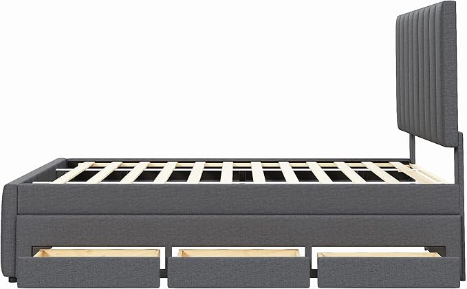 Bellemave Full Size Bed Frame with Twin Trundle Bed and Storage Drawers,Linen Upholstered Bed Frame,Full Size Trundle Bed with Adjustable Headboard for Kids Teens Adults,Gray