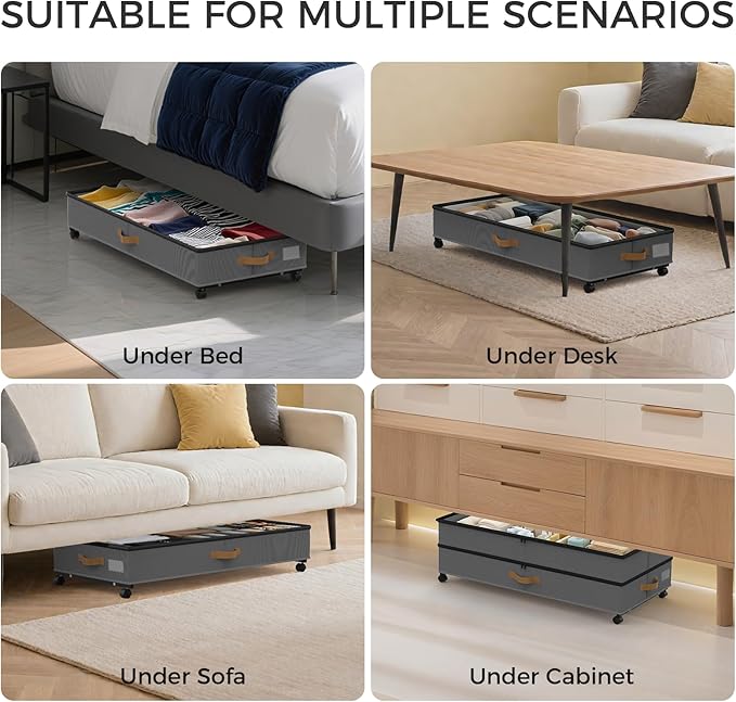 Under Bed Storage with Wheels 4-Pack, 75L XXL Under the Bed Storage Containers Large, 12" Tall Adjustable Storage for Underbed with Lids, Rolling for Shoes, Clothes, Blankets (4PCS-Grey)