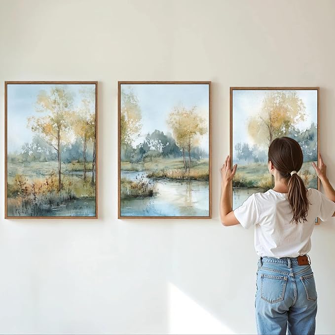 Yeehomedec Large Vintage Neutral Nature Framed Canvas Wall Art, Mid Century Modern Fall Wall Decor, Wilderness Landscape Art Painting, Rustic Country Trees Artwork for Living Room Bedroom Office 16"x24"x3
