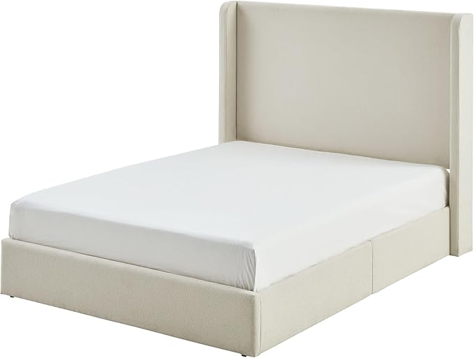 King Size Upholstered Bed Frame, 52.3" High Headboard Carmen Wingback Bed Frames, Tall Headboard Floor Platform Beds, No Box Spring Needed No Noise, Simplicity Minimalist, Beige Boucle