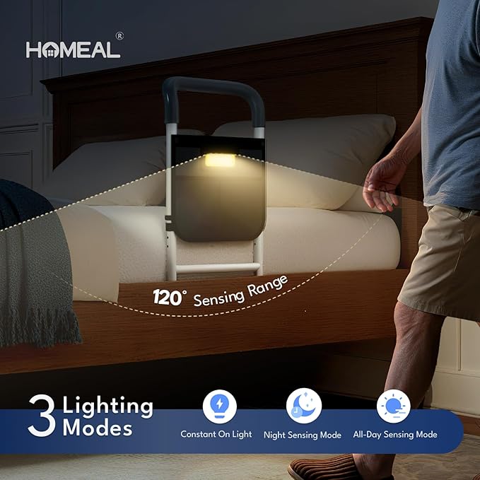 HOMEAL Bed Rails for Elderly Adults Safety, ASTM Approved Bedside Assist Rail for Seniors with Motion Sensor Light, Non-Slip Ergonomic Handle, 350 lb Tested, Fixing Strap Included (Grey)
