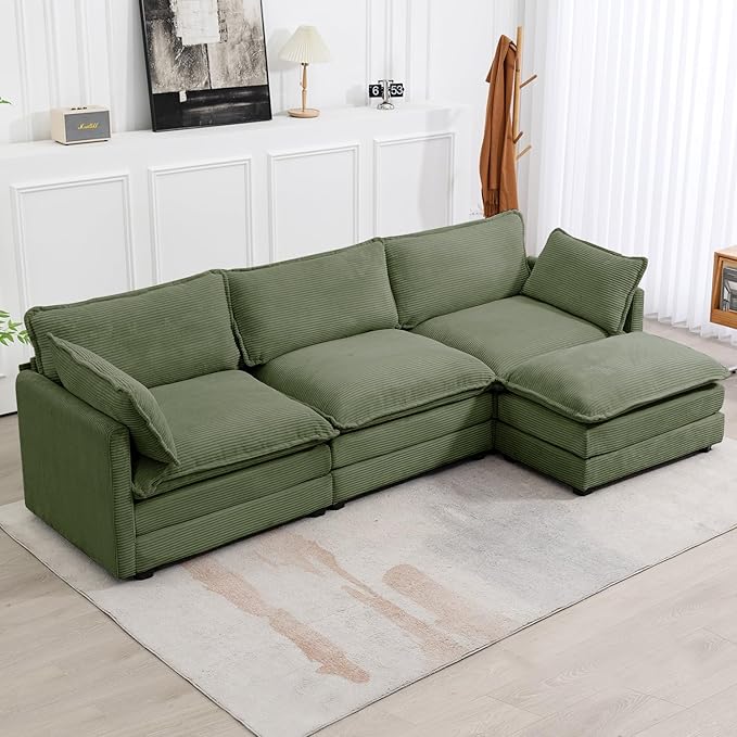 112'' Sectional Modular Cloud Couch, Oversized L Shaped 3 Seat Sofa with Movable Ottomans, 2 Throw Pillows, Upholstered Corduroy L Shape Comfy Deep Couches for Living Room and Office, Green