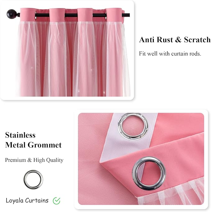 Star Double Layer Blackout Curtains for Bedroom & Kids, Cute, 72 Inches Long, 2 Panels Set, Pink, 42 X 72 Inches