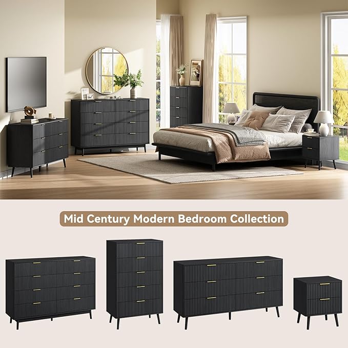 CARPETNAL Fluted 8 Drawer Dresser for Bedroom, 55" Wide Wooden Chest of Drawers with Rounded Corners, Gold Handles, Modern Storage Organizer for Bedroom, Hallway(Black)