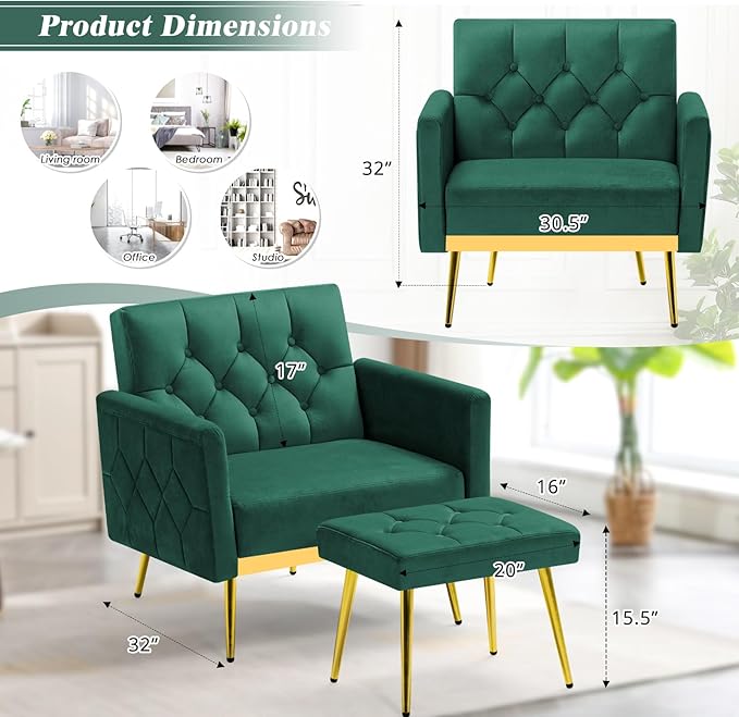 Velvet Accent Chair w/Adjustable Armrests and Backrests, Tufted Single Armchair w/Ottoman, Upholstered Reading Chiar for Living Room, Apartment, Bedroom, Green