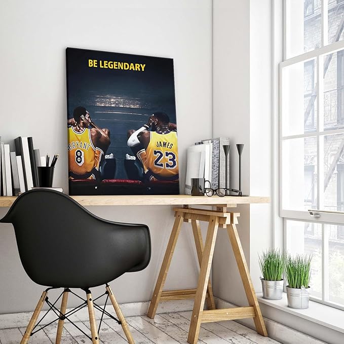 Kobe Bryant and LeBron James Canvas Wall Art Print Poster, Be Legendary Inspirational Sports Picture Artwork, Motivational Mamba Mentality Wall Decor for Home Office Gym Living Room, Framed 11x14inch