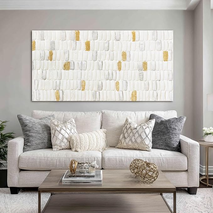YETHEN WAL White and Gold Abstract Wall Art, Textured Geometric Canvas Painting, Neutral Modern Minimalist Wall Decor for Living Room Bedroom Office 20x40 Inch