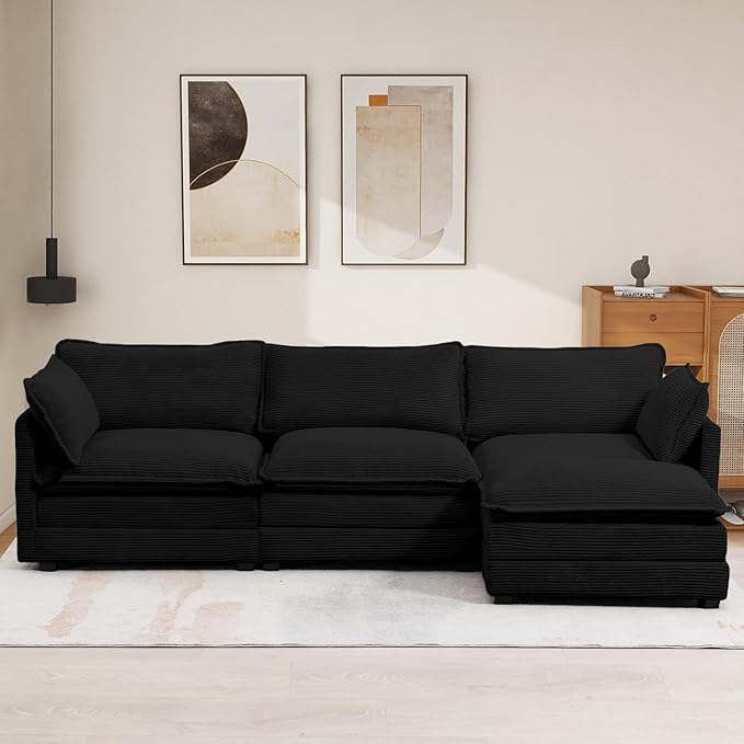 112'' Sectional Modular Cloud Couch, Oversized L Shaped 3 Seat Sofa with Movable Ottomans, 2 Throw Pillows, Upholstered Corduroy L Shape Comfy Deep Couches for Living Room and Office, Black