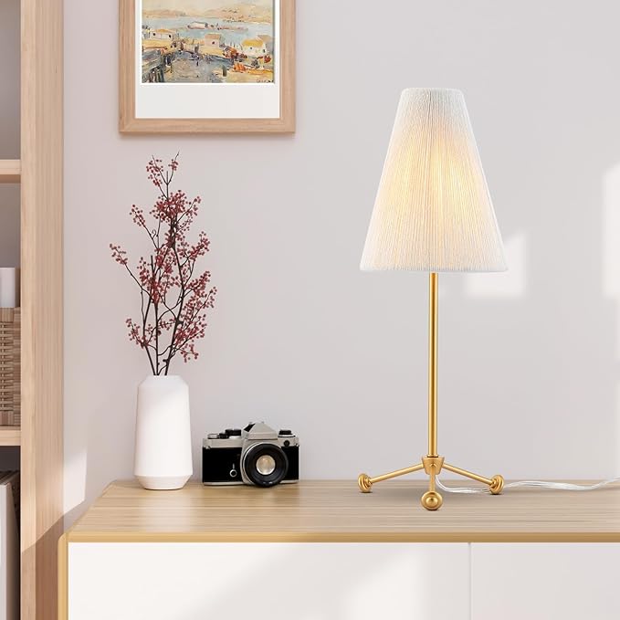 Small Minimalist Table Lamp for Bedroom, Cute Desk Lamp with Linen Rope Cone Lampshade, Boho Nightstand Lamp for Living Room, 1 Pack