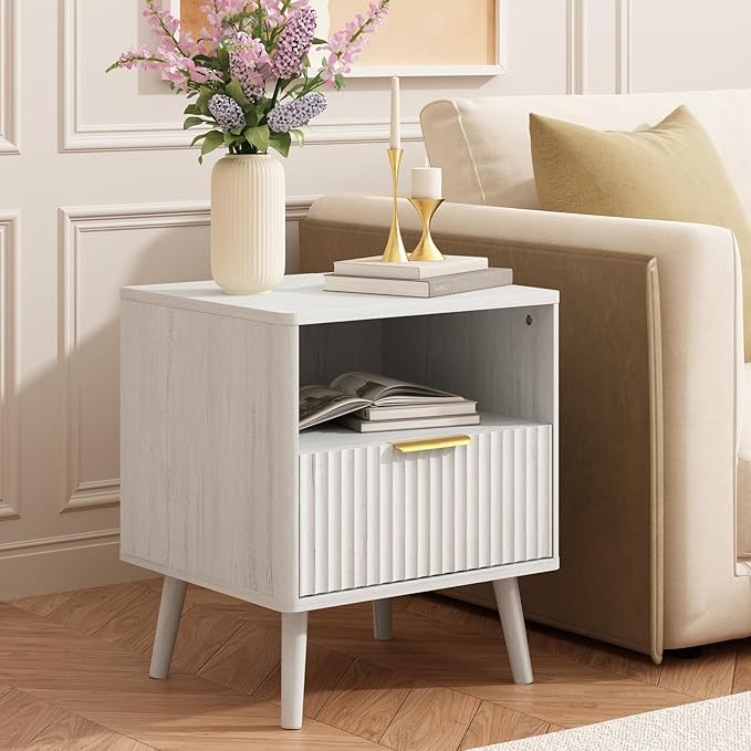 CARPETNAL Fluted Nightstand, White Bedside Table with Drawer and Storage Shelf, Wood End Table Mid Century Night Stands for Bedroom Living Room