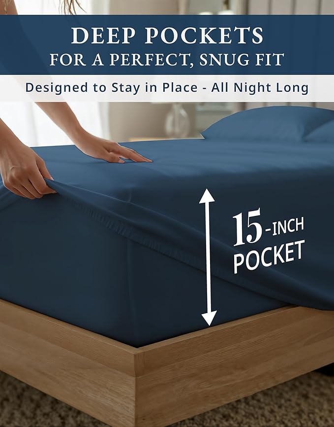 LANE LINEN 100% Egyptian Cotton Sheets King Size - 1000 Thread Count King Bed Sheets, Ultra-Soft Hotel Luxury with 15" Deep Pocket, Naturally Breathable & Durable, Silky Sateen Weave - Estate Blue