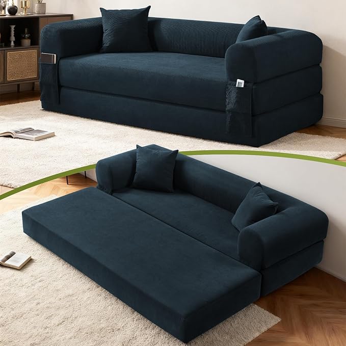 Convertible Sleeper Sofa Bed,80" Folding Sofa Bed Queen with Storage,Corduroy Pull Out Couch with Bed,Boneless Couches for Living Room,Compressed Couch in a Box,Navy Blue