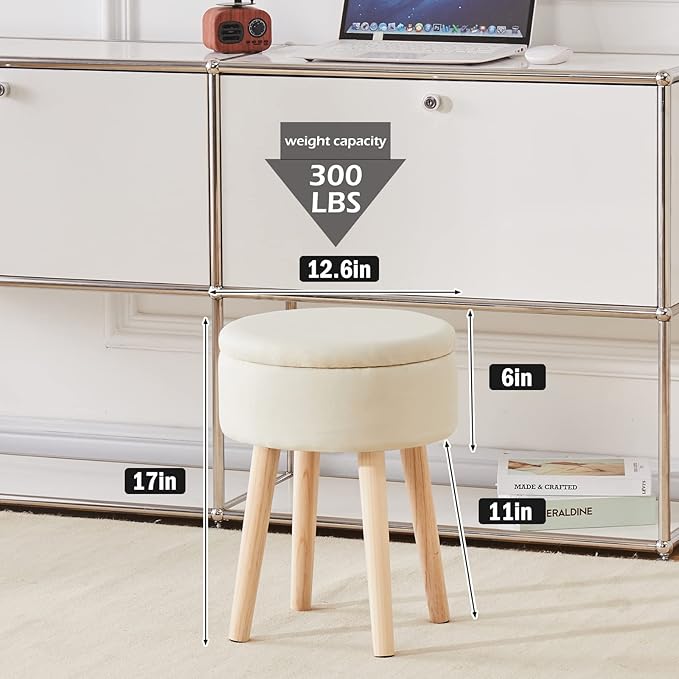 Mxfurhawa Storage Ottoman Linen Round Vanity Stool Tray Top Modern Foot Stool with Wood Legs Multifunctional Upholstered Foot Ottoman Rest for Living Room, Bathroom, Makeup (White)