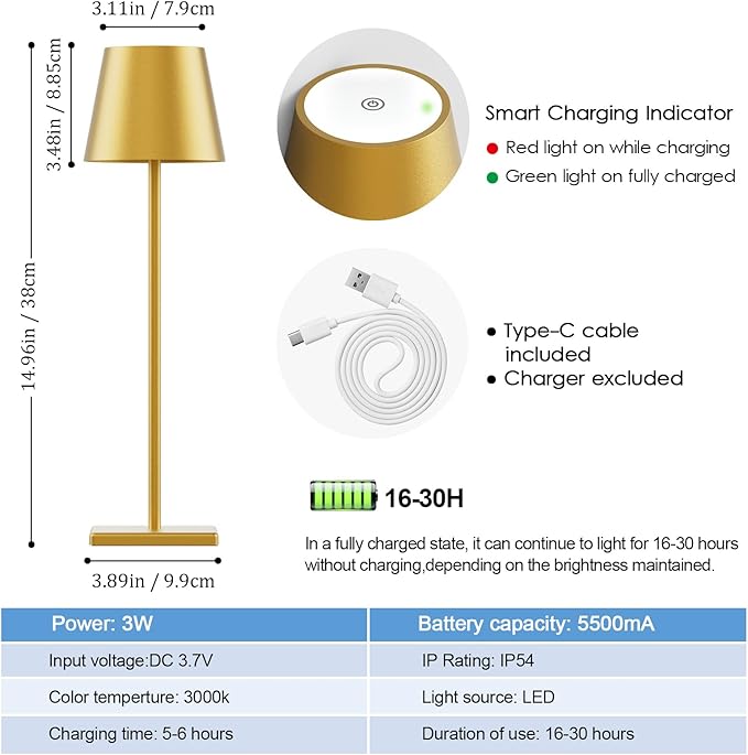 2-Pack LED Cordless Table Lamp 3W 5500mAh Rechargeable Battery Operated Stepless Dimmable Portable Lamp for Restaurant, Bedroom, Outdoor (Gold)