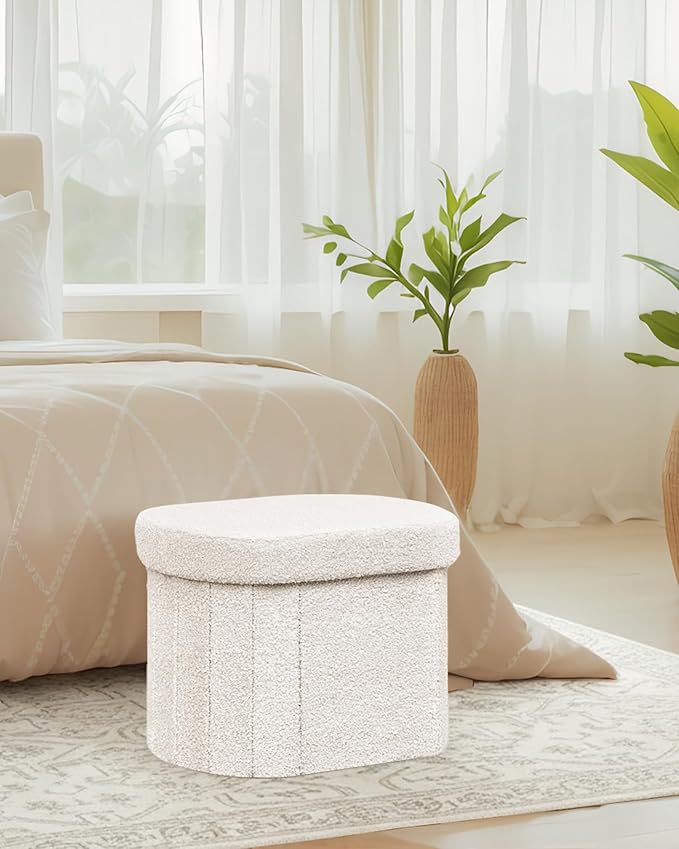 B FSOBEIIALEO Storage Ottoman for Dorm Room, Boucle Folding Storage Ottoman Foot Rest, 16.14 Inches Small Collapsible Ottoman Cube for Living Room White