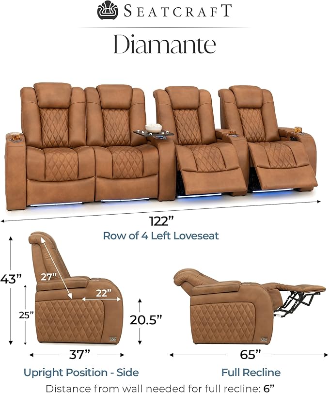 Seatcraft Diamante Zero-Gravity CoolZero Italian Leather Home Theater Seating, Power Headrest, Power Recline, Row of 4 Left Loveseat, Tawny