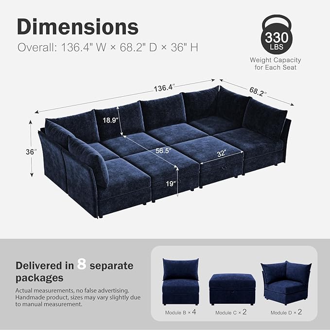 ABCASA 136.4" Oversized Modular Sectional Sleeper Sofa Bed, U Shaped Convertible Couch with Movable Ottoman, Large 8 Seat Corner Couches for Living Room Deep Seat Blue Chenille
