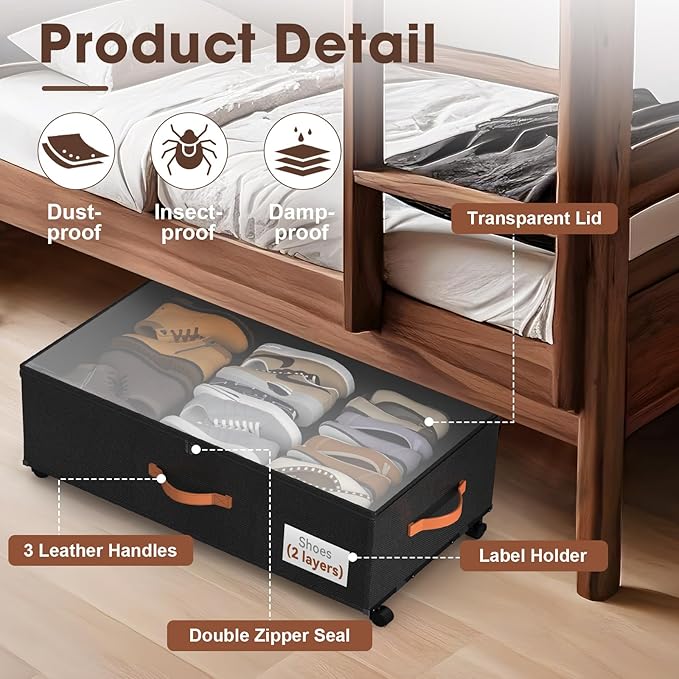 Under Bed Storage Containers with Wheels, 9.5 inches Higher Underbed Shoes Blankets Clothes Toy Storage Drawers for College Dorms Bedrooms Nursery Rooms Organization, 2 Pack to be Assembled