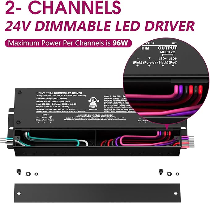 EMITEVER 192W Dimmable LED Driver, 24V 5-in-1 Dimmable Power Supply,2-Channels AC to DC Transformer for LED Light, Compatible with Lutron and Leviton Dimmer, Waterproof IP67 and UL Listed, Class 2