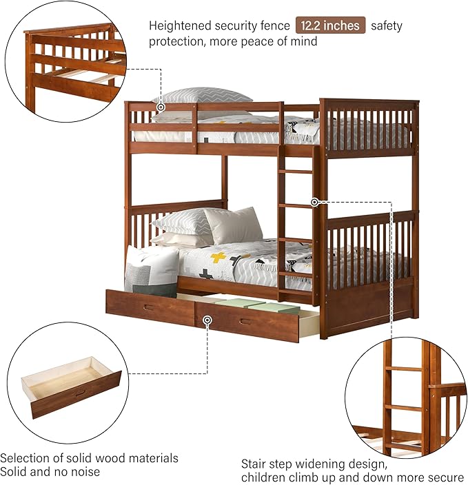 Merax Wood Bunk Bed with Drawers, Twin Over Twin Size Convertible Bunk Bed with Ladders and Two Storage Drawers,Solid Wood Detachable Bed Frame with Ladders, Walnut