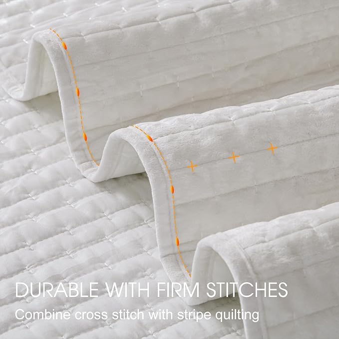 Powdion Velvet Quilt Queen Size, Oversized Bedspread Quilted Bedding Set, Luxurious Soft Coverlet Set Lightweight Velvet Comforter for All Season with Pillow Shams, 90x96 Striped White