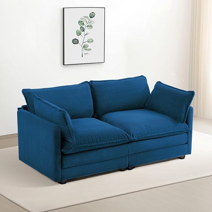78'' Sectional Modular 2 Seat Cloud Loveseat, Oversized Love Seat 2 Seat Sofa with 2 Throw Pillows, Upholstered Corduroy Sofa Comfy Deep Couches for Living Room and Office, Blue