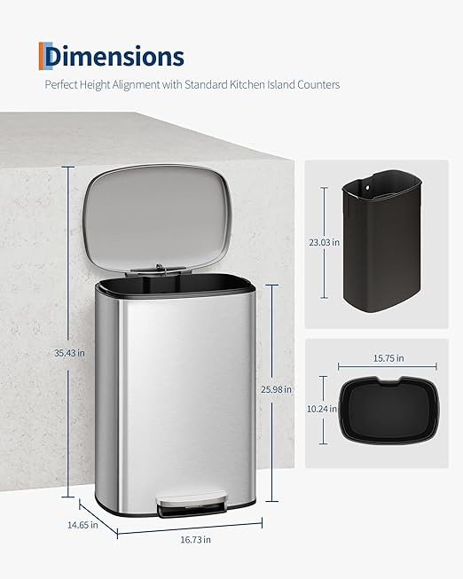 GarveeHome Stainless Steel Kitchen Trash Can, 13 Gal / 50 L Step-On Garbage Bin with Soft Close Lid, Large Rustproof Metal Trash Can for Kitchen, Silver