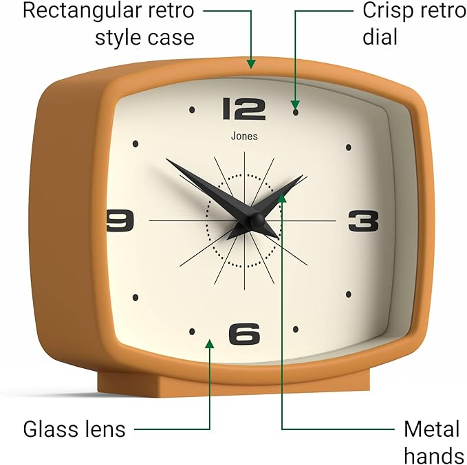 JONES CLOCKS® Film Desk Clock | Retro Rectangular Design | Mustard Yellow | Retro Design, Blending mid Century Style with a Punchy Modern Finish for Shelf, Table, Mantel or Bedside