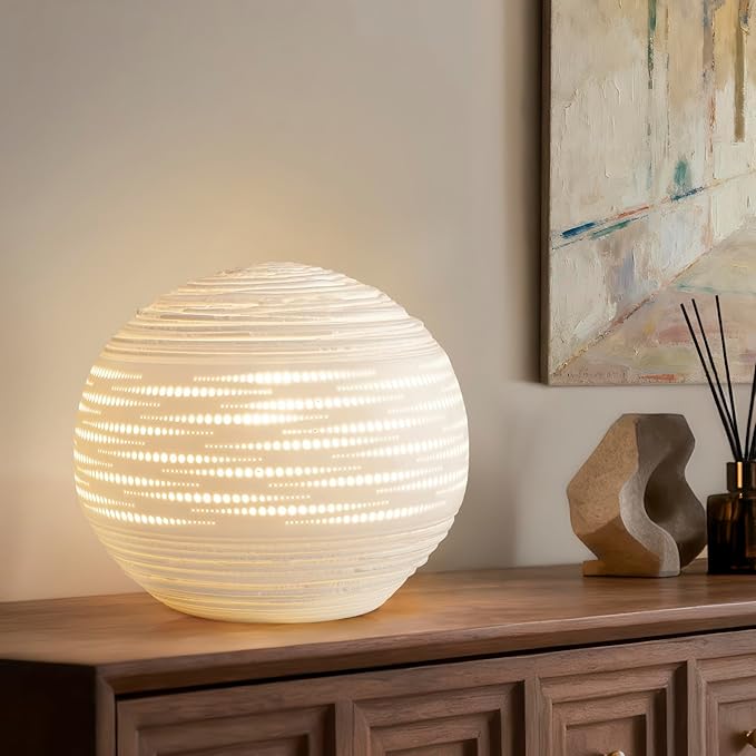 RONDURE 8.7" Modern Ceramic Table Lamp, Modern Bedside Lamps for Bedroom, Living Room and Nightstand, White Translucent Ceramic Shade, Warm Ambient Lighting, Corded