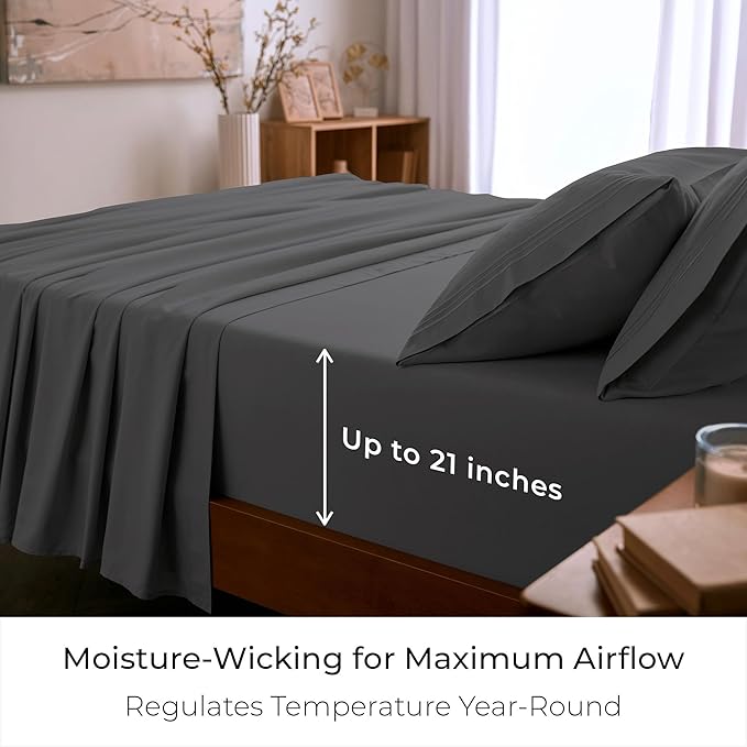 Mellanni Full Sheet Set - 6-Piece Iconic Collection Bedding, (Including 4 Pillowcases), 21-Inch Extra Deep Pocket, Easy Care, Ultra Soft, Cooling Sheets, Brushed Microfiber - Gray