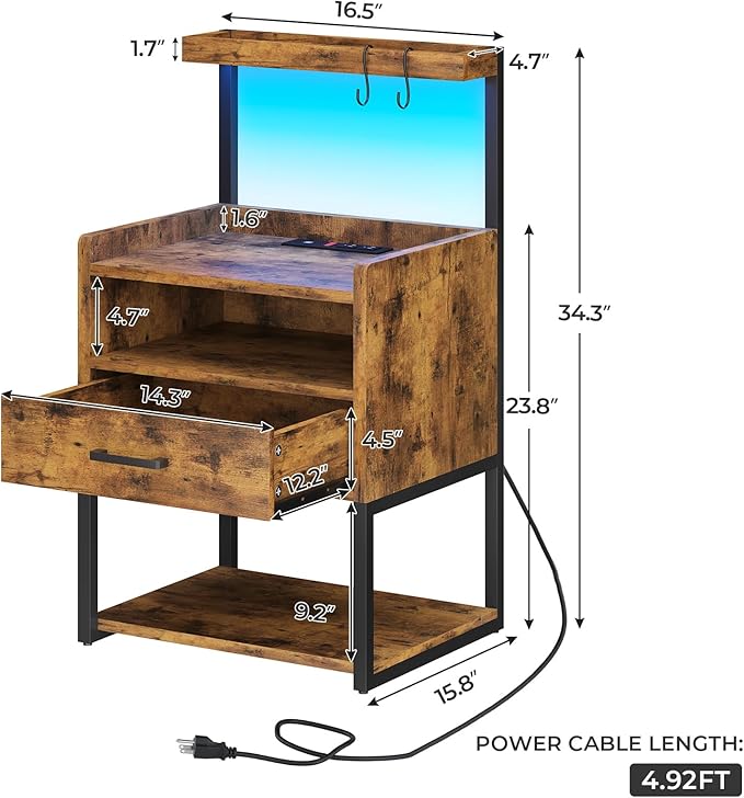VIAGDO Rustic Brown Nightstands Set of 2 with Charging Station and LED Lights, LED Night Stand Set 2 with Drawer, Rustic End Side Table with Open Storage Shelves, Bedside Tables for Bedroom, Office