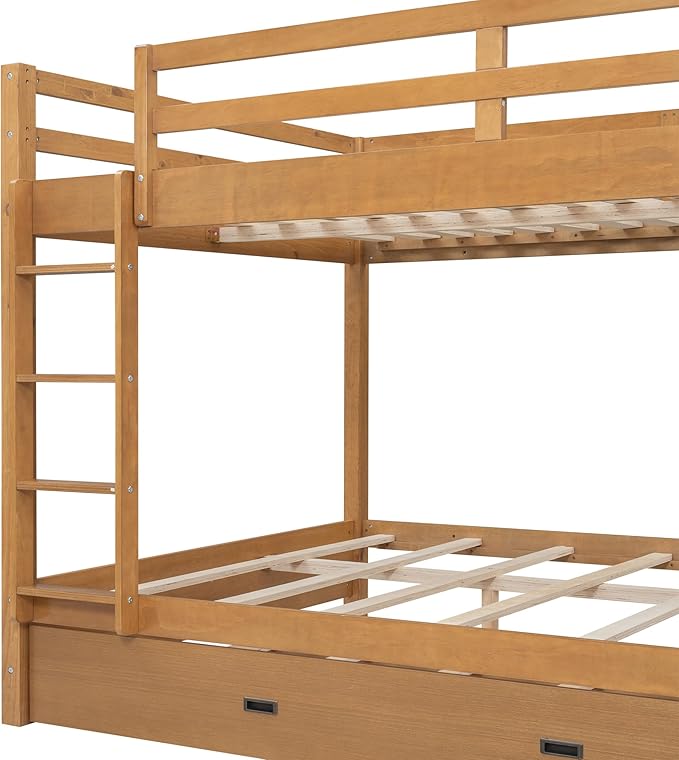 Bellemave Queen Over Queen Size Bunk Bed with Trundle for Kids/Adults,Solid Wood Bunk Bed Frame Queen Size with Ladder & Safety Guardrails,Wood Color