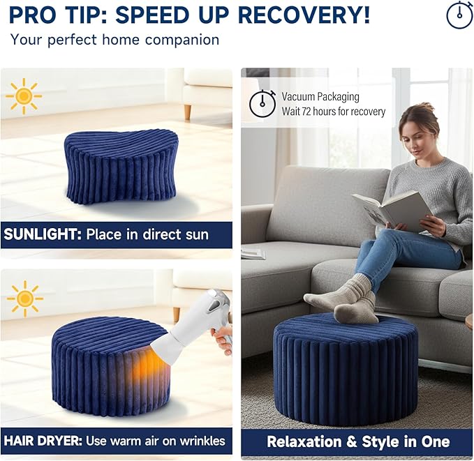 Tiita Round Stuffed Pouf Ottoman, Stripe Faux Fur Poufs with Foam Chunk Filling, Furry and Fluffy Pouf 21×21×12 inch Foot Stool Storage Ottoman,Puff Office Foot Rest for Couch Living Room, Navy Blue
