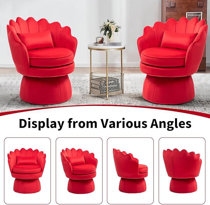 Swivel Accent Chairs Set of 2, 360° Mid-Century Modern Velvet Barrel Chair, Comfy Shell Shape Arm Chair with Lumbar Pillow for Living Room, Bedroom, Office, Rose Red (Red, Set of 2 Swivel chair)