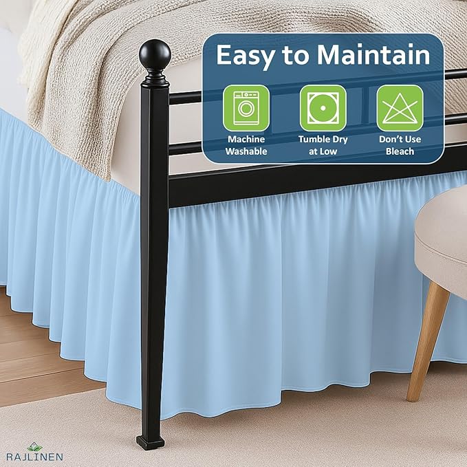 Rajlinen Ruffled Bed Skirt Queen, 14 Inch Drop Dust Ruffle with Split Corners, 100% Microfiber Bedskirt with Platform, Three-Sided Coverage Ruffled Gathering Design, Light Blue