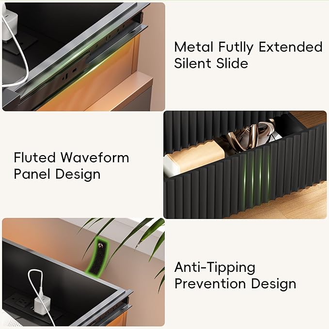 Nightstand with Charging Station & LED Lights, Modern Small Fluted Bedside & End Table with 3 Drawers, Sliding Top & Hidden Storage, Wooden Farmhouse Night Stand for Bedroom Office or Sofa, Black