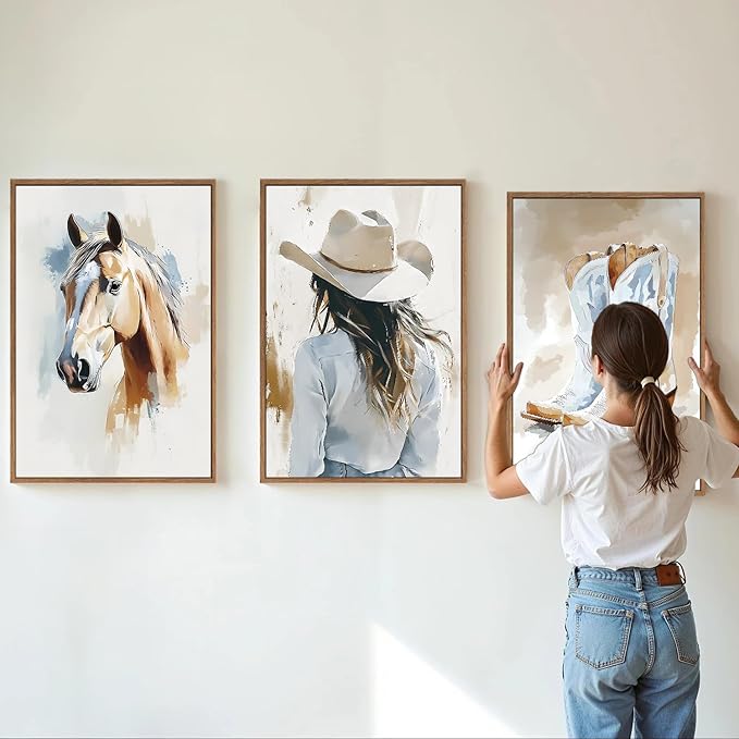 YeeHomedec Large Western Cowgirl Posters Framed Canvas Wall Art Set, Blue and White Horse Wall Decor, Glam Rodeo Boots Art Print, Vintage Country Hat Artwork for Living Room Bedroom Dorm 16"x24"x3
