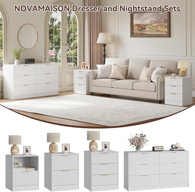 55" Long Dresser and Nightstand Set 3-Piece, 6 Drawer Dressers & Night Stand Set of 2 with Metal Handle, Fluted Modern Wood Chest of Drawers Storage Dressers Set for Bedroom, White