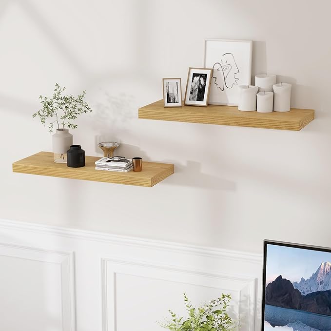 Fun Memories Floating Shelves for Wall, 24 x 9.3 Floating Shelf Wall-Mounted, Rustic Wood Bathroom Shelf Set of 2, Deep Bookshelf Storge Shelves for Living Room, Bedroom, Farmhouse, Oak Color