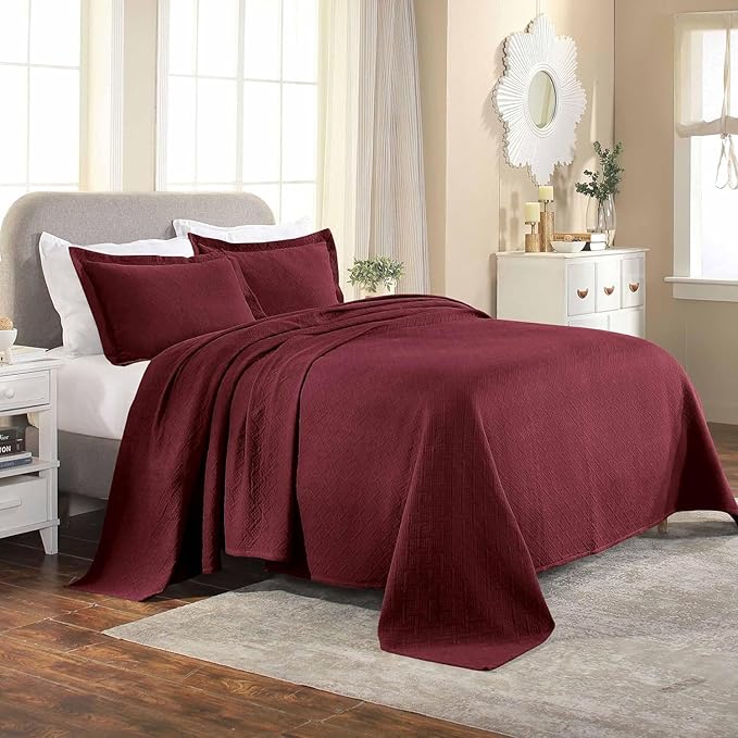 Superior 100% Cotton Basket Weave Bedspread with Shams, All-Season Premium Cotton Matelasse Jacquard Bedding, Quilted-Look Geometric Basket, Twin, Garnet