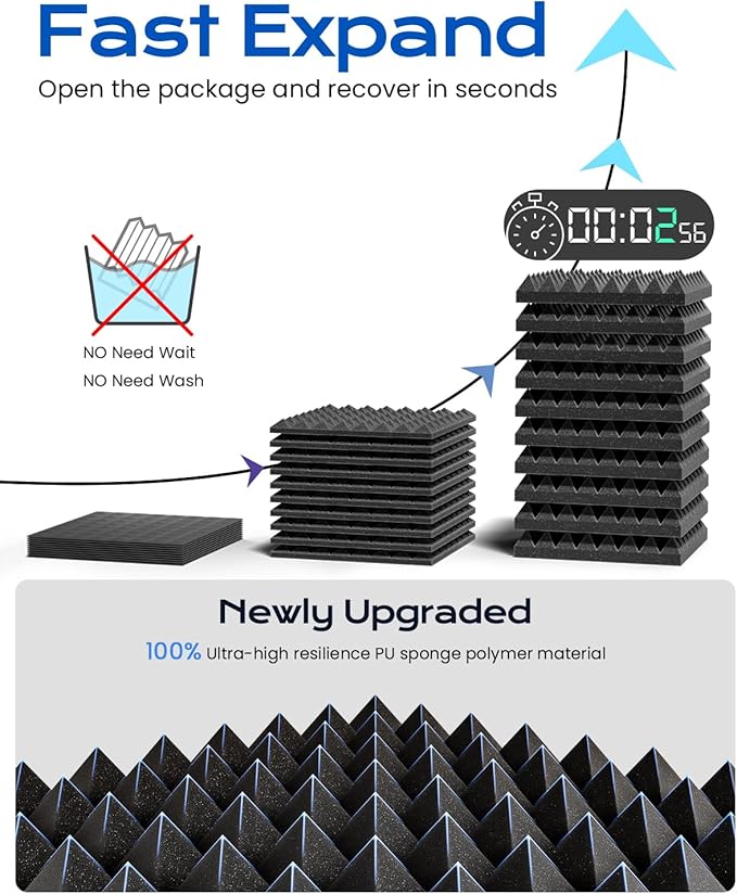 Sonicism Sound Proof Foam Panels for walls Self-Adhesive 24 Pack Pyramid 12" X 12" X 2" Acoustic Panels 35kg/m³High Density,Soundproof Wall Panels Fast Expand,Sound Absorption and Decoration,Black