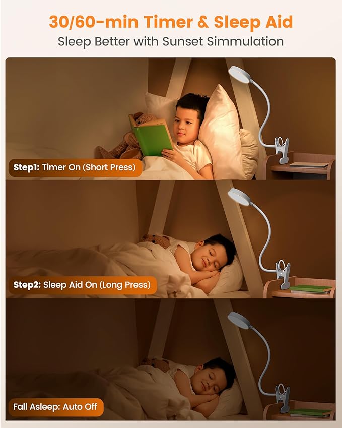 Glocusent Clip on Light, 72 LEDs Clip on Lamp with Amber Night Light, 3 Colors & 5 Brightness Bed Lamp, 30/60-Min Auto Off Timer, Perfect Eye Caring Reading Lamps for Bed/Headboard/Table/Desk