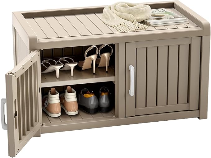 ROJIK Shoe Cabinet Waterproof UV-Resistant,Storage Bench Indoor Outdoor with Adjustable Shelves,for Entryway Bedroom,Hallway,Living Room(Double Door,Grey)