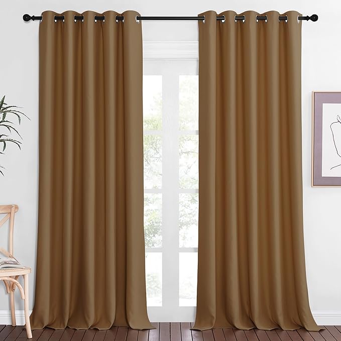 NICETOWN Patio Blackout Curtain Panels - Extra Wide Sliding Door Thermal Insulated Drape, Privacy Room Divider Curtain for Bedroom Office (Gold Brown, 66 x 118 Inch Long)