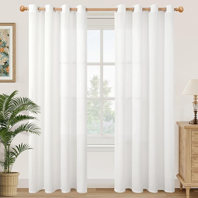 YoungsTex White Linen Sheer Curtains 80 Inches Length for Living Room, Grommet Window Drapes Light Filtering for Bedroom Office Privacy, 2 Panels, 52 X 80 Inch
