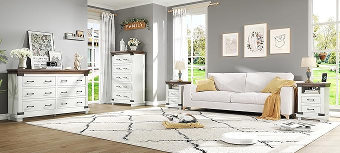 AMERLIFE Farmhouse Nightstand with Charging Station, 18" Wood Rustic Night Stand with 2 Storage Drawers, Heavy Duty Bedside Sofa Side End Tables for Bedroom, Living Room, Antique White