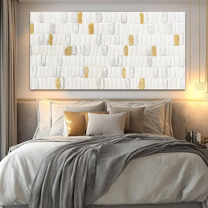 YETHEN WAL White and Gold Textured Abstract Wall Art, Minimalist Neutral Canvas Painting Modern Artwork for Living Room Bedroom Office Decor 24x48 Inch